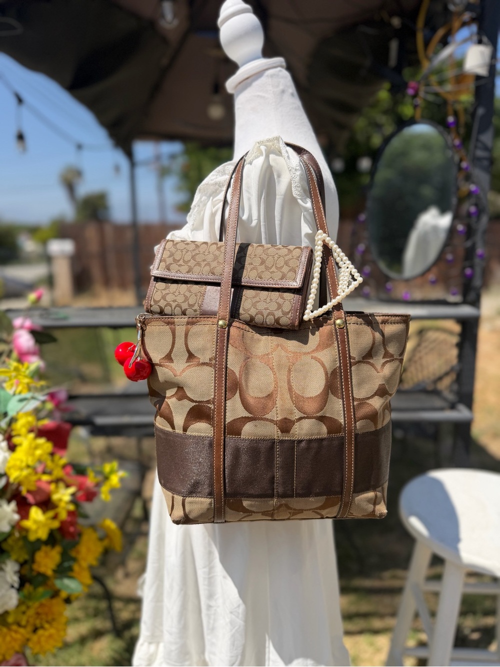 Coach Brown Signature Tote Bag with Matching Wallet